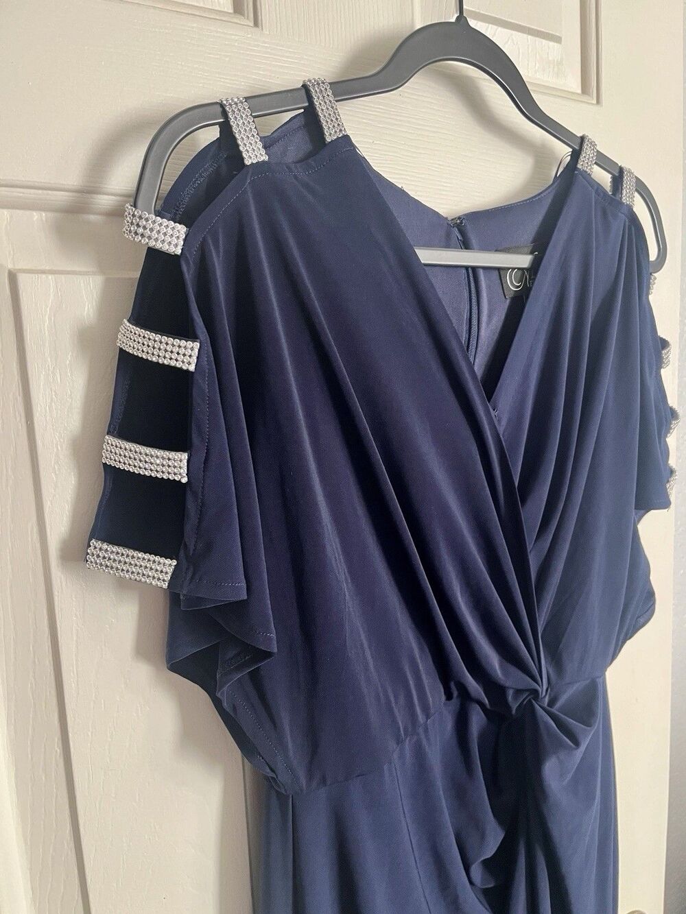 NEW Alex Evenings Navy Solid V-Neck Cold Shoulder Short Sleeve Maxi Dress Sz 8 - Picture 2 of 6